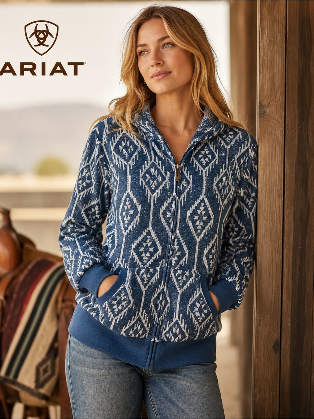Ariat Women’s Hoodie L Blue Cream Southwestern Aztec Full Zip Western Cowgirl